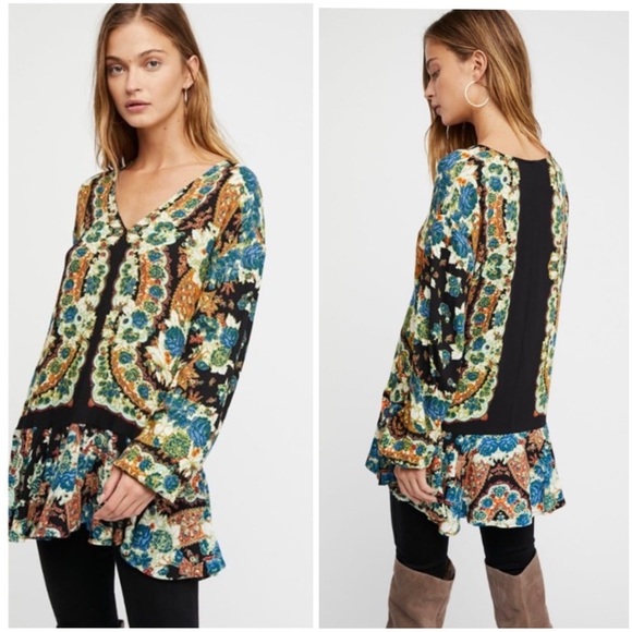 Free People Lovely Dreams Floral Black Noir Bohemian Tunic Size Small - Picture 1 of 10